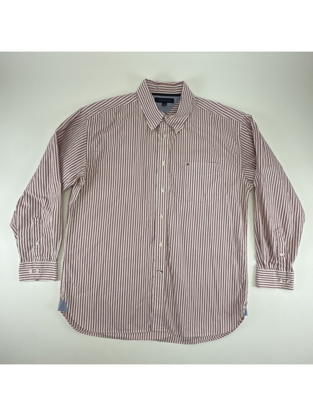 Tommy Hilfiger Mens XL Red, Pink, And White Striped Button Down Long Sleeve
